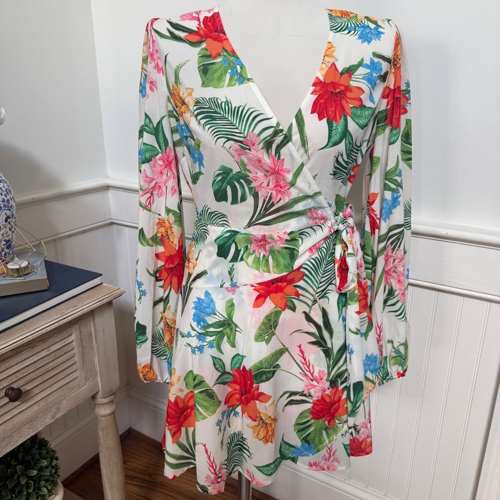 Jealous Tomato Womens Tropical Floral Wrap Mini Dress White Red Green Sz S